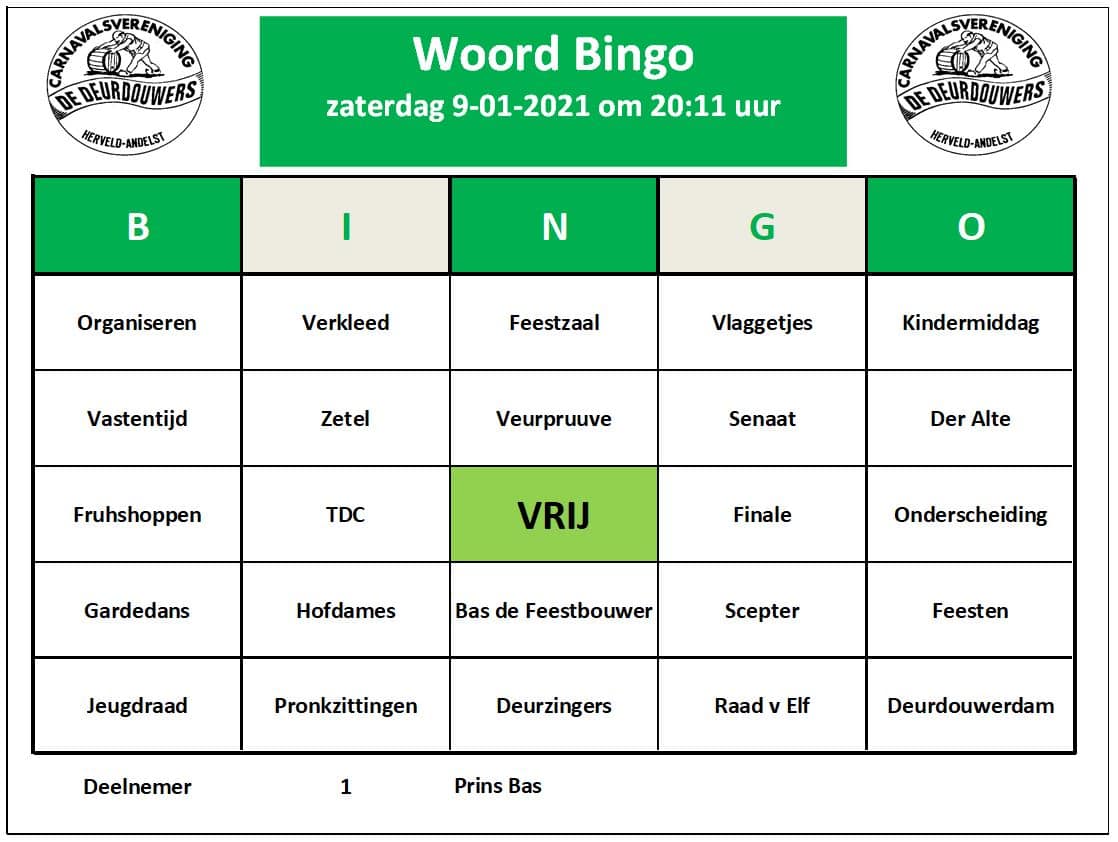 Voorbeeld Bingo Kaart - CV de deurdouwers